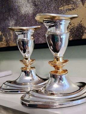 Made in England; Vintage  silver on zinc candlestick holders ~ 12 cm Tall